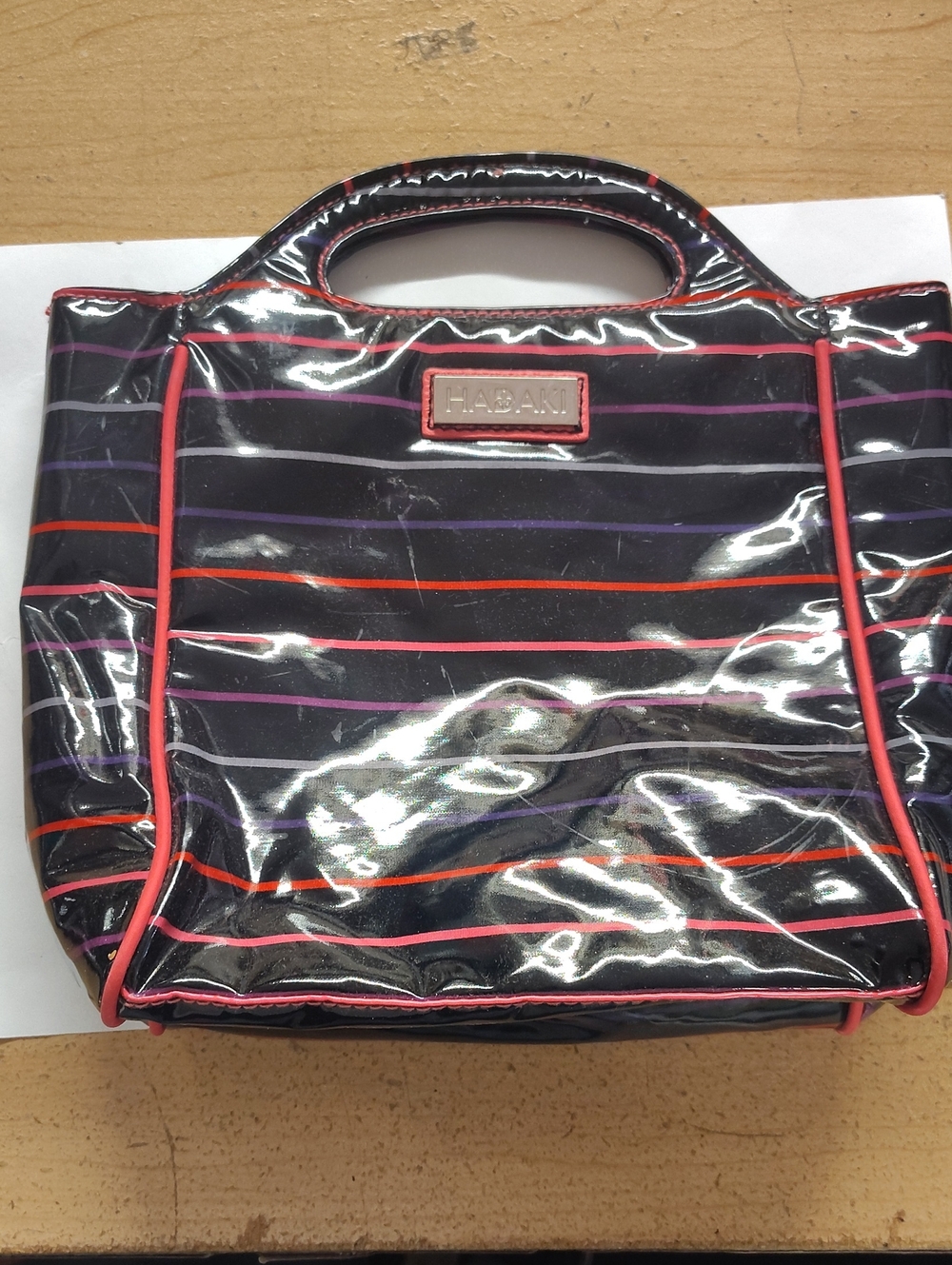 Haband Black Patent Striped Tote with Coral Trim